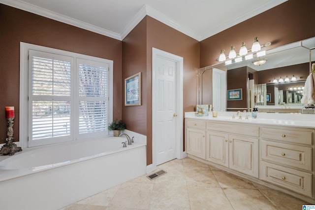 bathroom with a bathing tub, vanity, crown molding, and tile patterned flooring