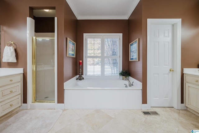 bathroom featuring separate shower and tub, crown molding, and vanity