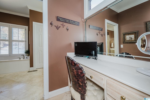 home office with light tile patterned floors and crown molding