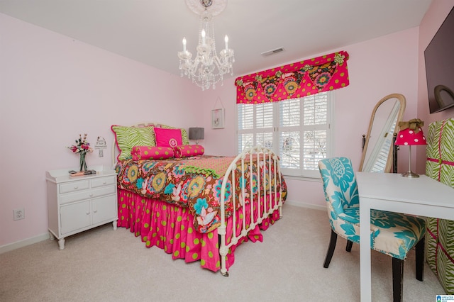 bedroom with light colored carpet and an inviting chandelier