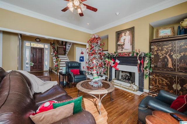 living room featuring crown molding, hardwood / wood-style floors, and ceiling fan