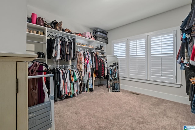 spacious closet featuring light carpet