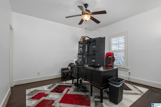 home office featuring ceiling fan and dark hardwood / wood-style floors