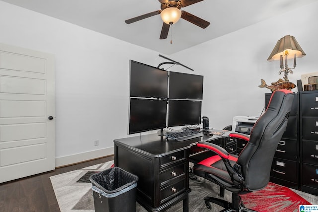 home office featuring ceiling fan and dark hardwood / wood-style flooring