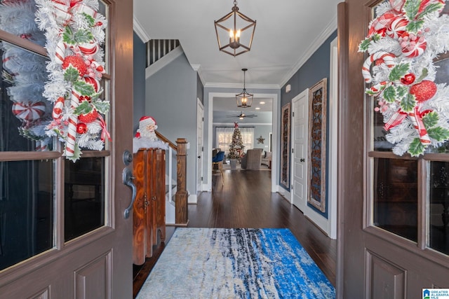 foyer with dark hardwood / wood-style floors and ornamental molding