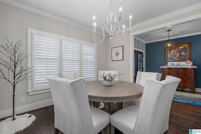 dining area featuring a chandelier, crown molding, and dark wood-type flooring