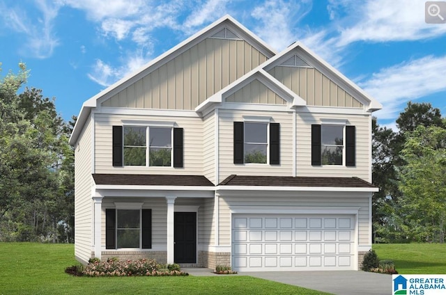 craftsman inspired home with a garage and a front yard