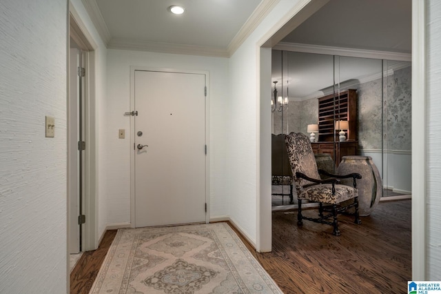 doorway featuring wood-type flooring, ornamental molding, and a notable chandelier