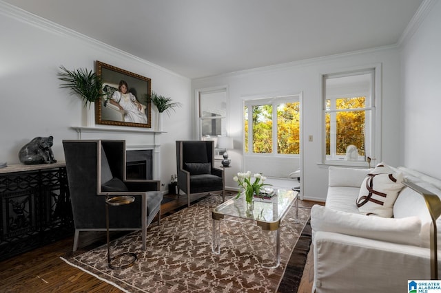 living room with dark hardwood / wood-style floors and ornamental molding