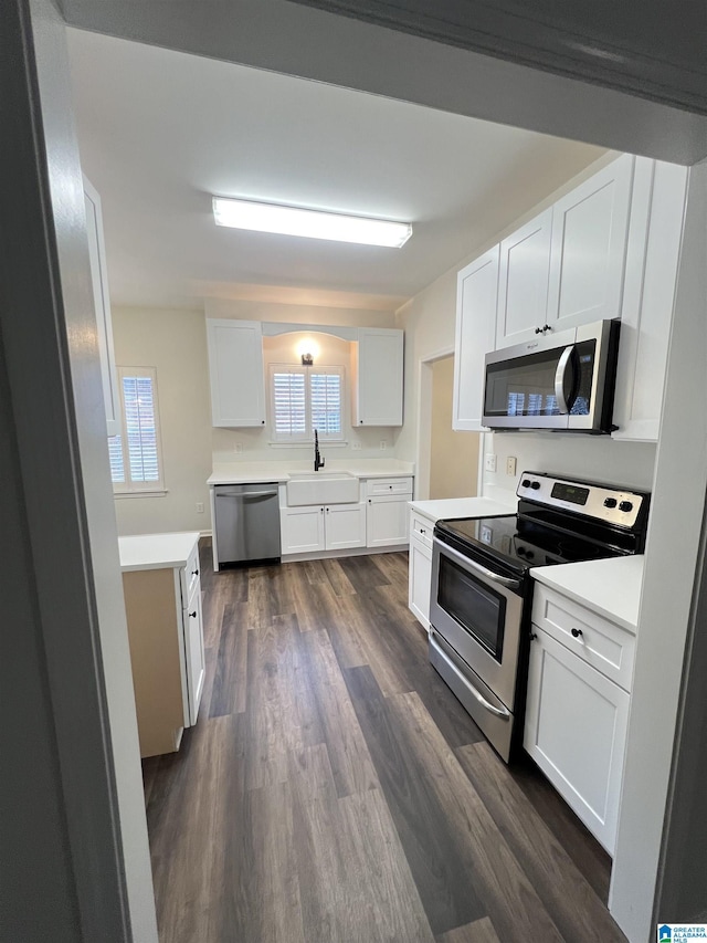 kitchen featuring dark hardwood / wood-style flooring, sink, white cabinetry, and stainless steel appliances