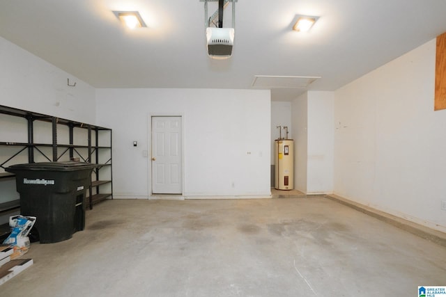 garage with electric water heater and a garage door opener