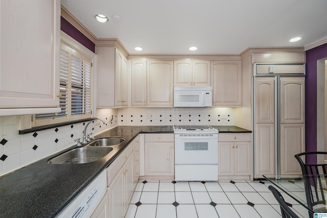 kitchen with white appliances, tasteful backsplash, crown molding, and sink