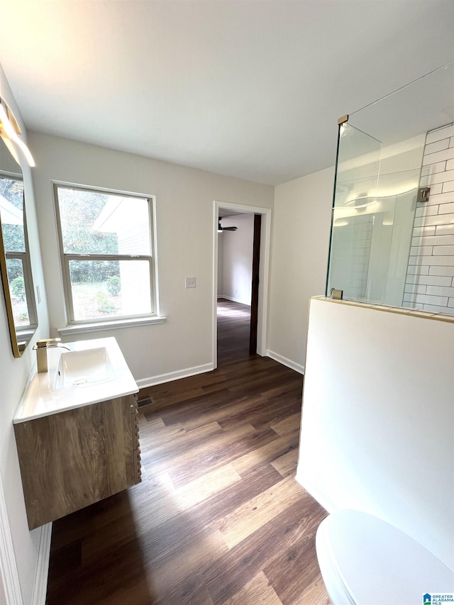 bathroom with vanity, toilet, wood-type flooring, and walk in shower