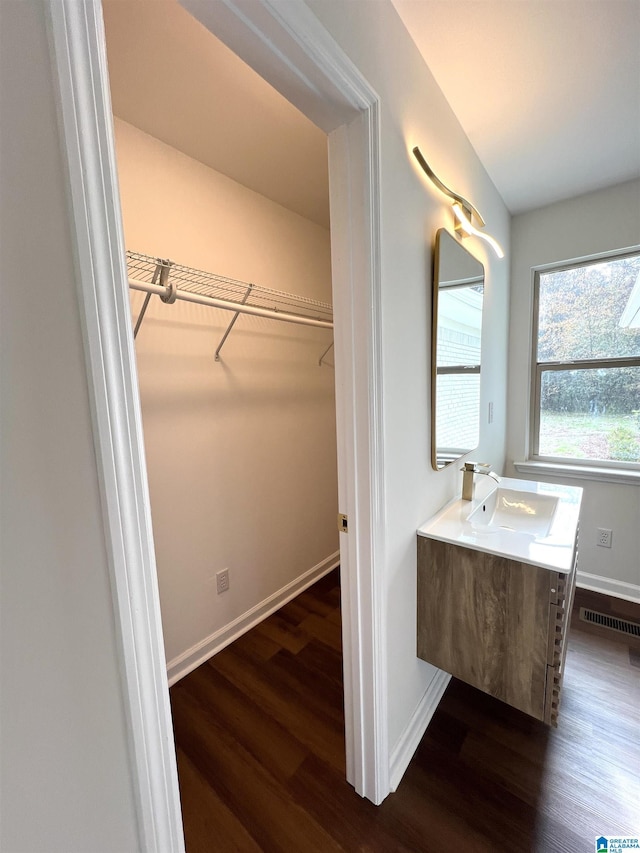 bathroom featuring vanity and hardwood / wood-style flooring