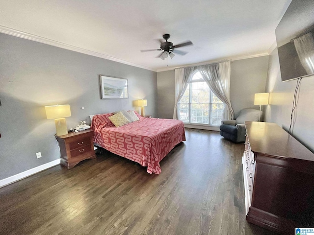 bedroom with ceiling fan, dark hardwood / wood-style flooring, and ornamental molding