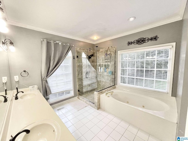 bathroom featuring tile patterned floors, vanity, separate shower and tub, and ornamental molding