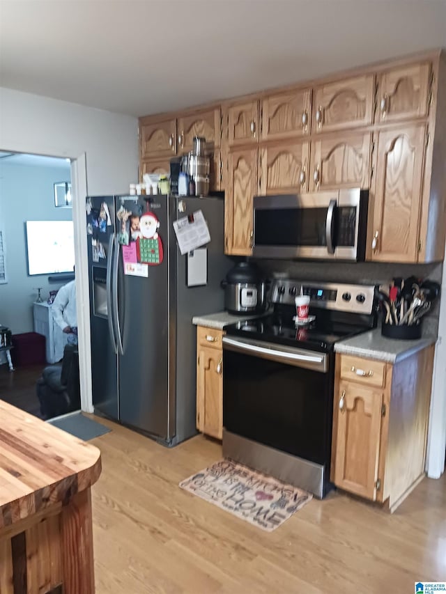 kitchen with light wood-type flooring and appliances with stainless steel finishes