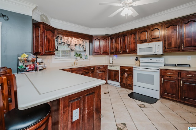 kitchen featuring ceiling fan, sink, crown molding, white appliances, and light tile patterned floors