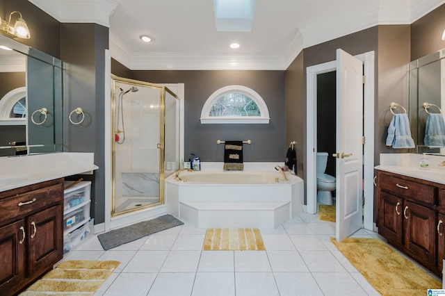 full bathroom featuring a skylight, crown molding, tile patterned flooring, and toilet