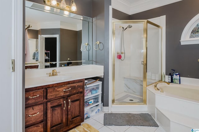 bathroom with tile patterned floors, vanity, ornamental molding, and shower with separate bathtub