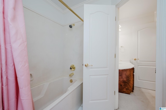 bathroom with crown molding and shower / tub combo with curtain