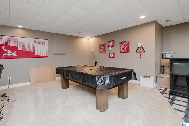 recreation room with carpet and pool table