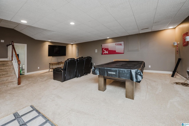 game room with carpet and pool table