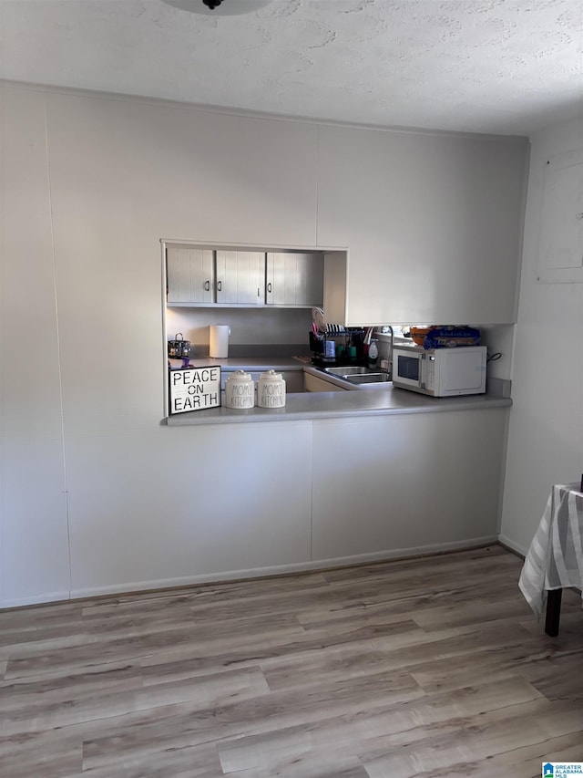 kitchen with a textured ceiling, light hardwood / wood-style floors, and sink