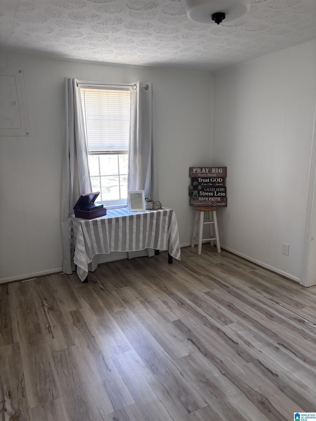 unfurnished room featuring light hardwood / wood-style flooring and a textured ceiling