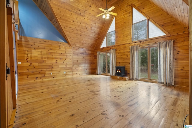 unfurnished living room with a wood stove, wood walls, light hardwood / wood-style flooring, and high vaulted ceiling