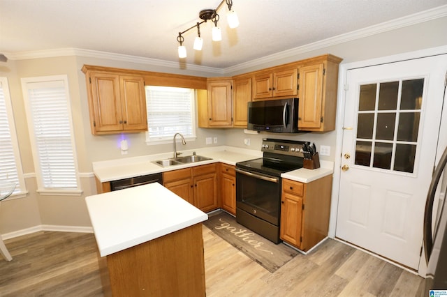 kitchen featuring crown molding, sink, black appliances, and light hardwood / wood-style floors