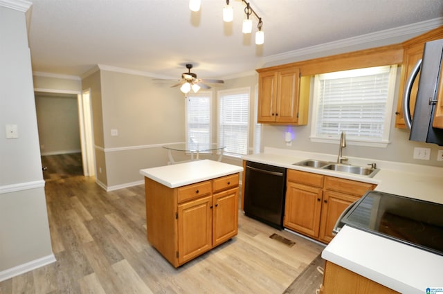 kitchen featuring ornamental molding, sink, light hardwood / wood-style flooring, black dishwasher, and a kitchen island