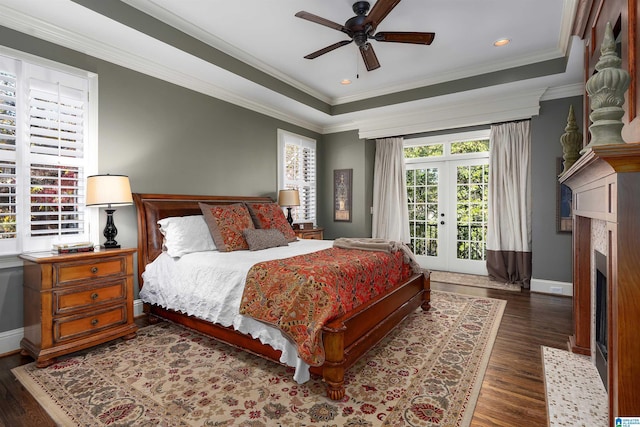 bedroom featuring access to outside, ceiling fan, crown molding, and dark wood-type flooring