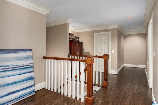 corridor featuring dark hardwood / wood-style flooring and ornamental molding