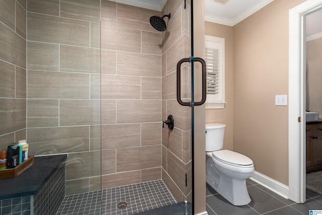 bathroom with an enclosed shower, ornamental molding, sink, tile patterned flooring, and toilet