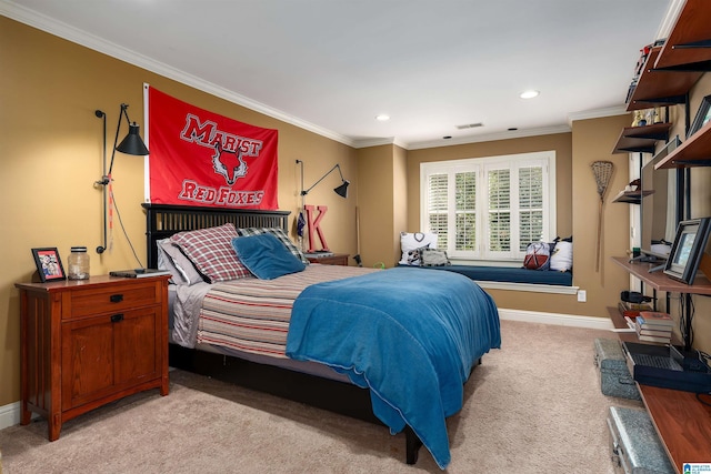 carpeted bedroom featuring crown molding