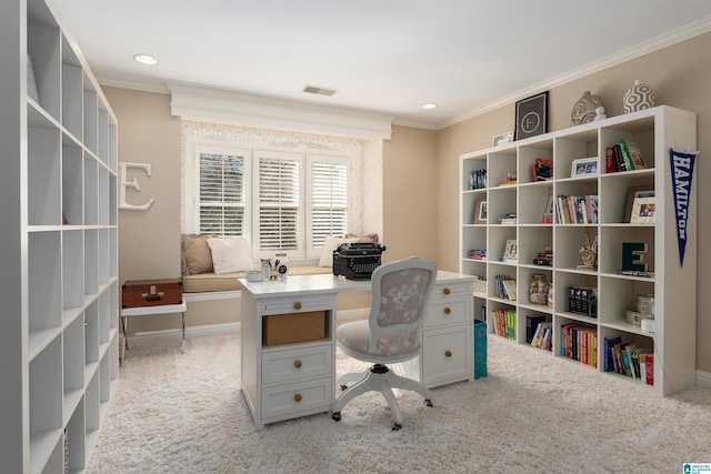 office with light carpet and crown molding