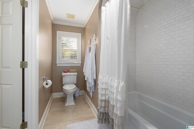 bathroom with toilet, shower / bath combo, tile patterned floors, and ornamental molding