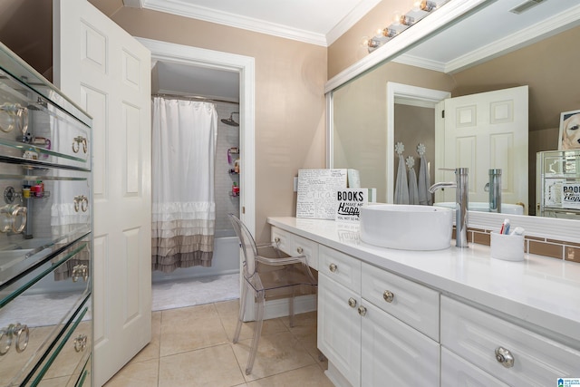 bathroom featuring tile patterned flooring, vanity, ornamental molding, and a shower with shower curtain