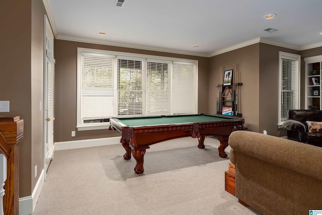 playroom featuring light colored carpet, crown molding, and billiards