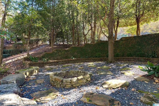 view of yard with a fire pit