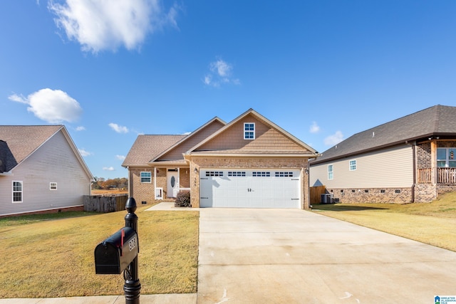 craftsman house with central AC, a garage, and a front lawn