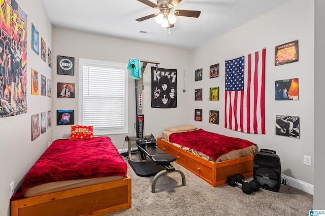 bedroom featuring carpet flooring and ceiling fan