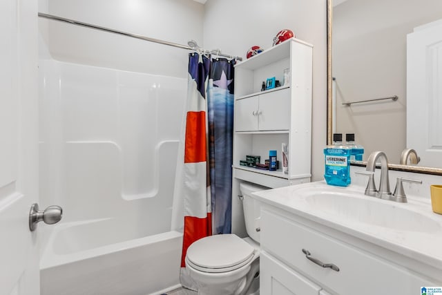 full bathroom featuring vanity, toilet, and shower / bathtub combination with curtain