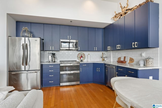 kitchen with stainless steel appliances, light wood-type flooring, and blue cabinets