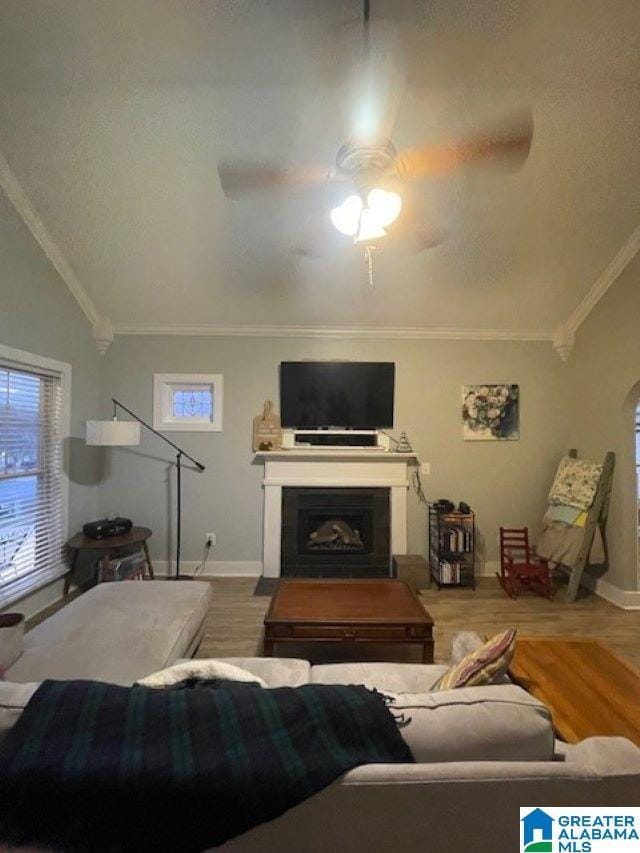 living room featuring hardwood / wood-style floors, ceiling fan, ornamental molding, and vaulted ceiling