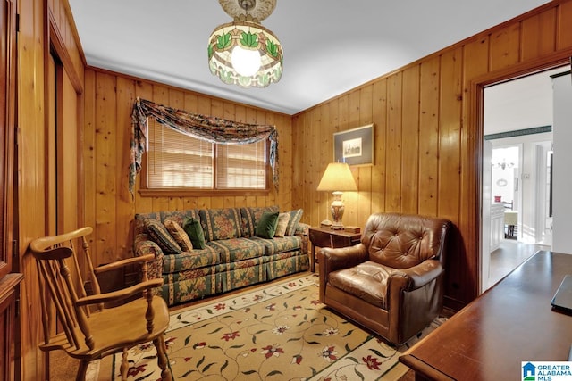 living area with wooden walls