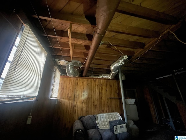 basement with wooden walls and wooden ceiling