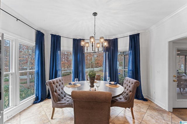 dining room with a chandelier, crown molding, and light tile patterned flooring