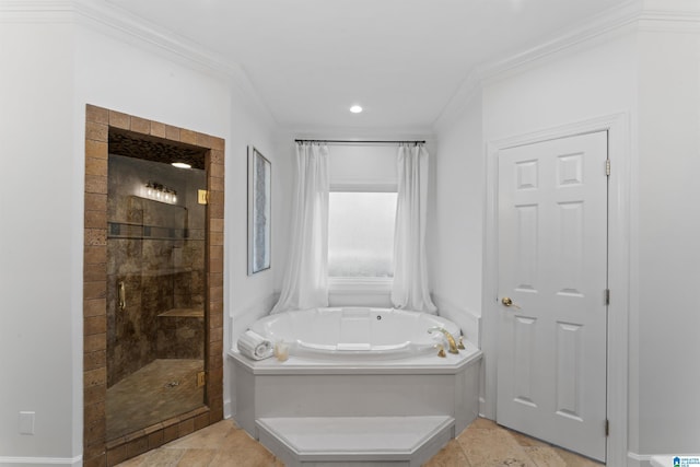 bathroom featuring plus walk in shower and ornamental molding